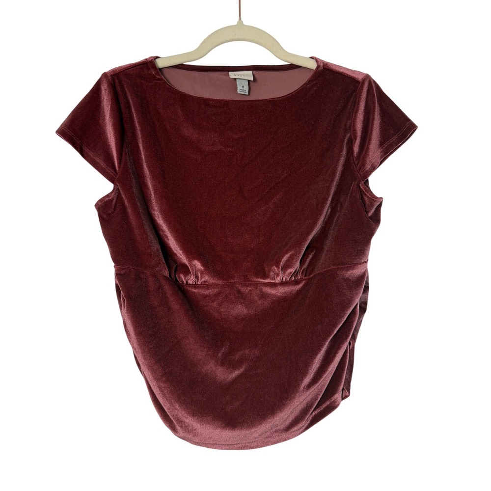 A New Day Velvet Top Women Medium Burgundy Excellent Ruched Short Sleeve Cap